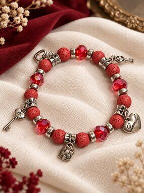 Women’s Red Lava Stone Bead Charm Bracelet with Keys and Heart